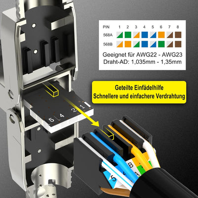 VCELINK RJ45 Stecker Werkzeuglos Cat 7 Cat6a, Netzwerkstecker POE++, Cat 7 Stecker 10 Gbps 600MHz Ge