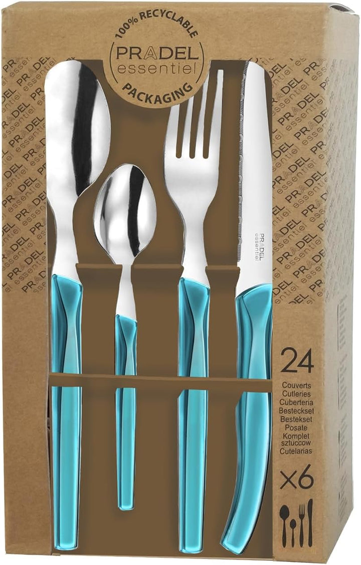 Lou Laguiole RISING SUN Besteck Set 6 Personen | 24-teilig | Türkis glänzend | Essbesteck 6 Personen