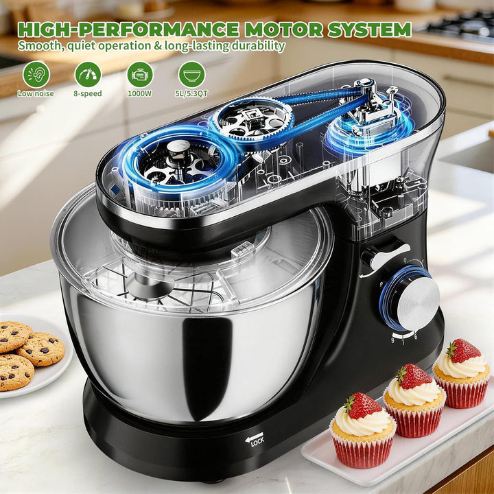 Küchenmaschine 5L – Knetmaschine mit 1000W, 8+ P Geschwindigkeiten, 3 Rührwerkzeuge, Spritzschutz, T