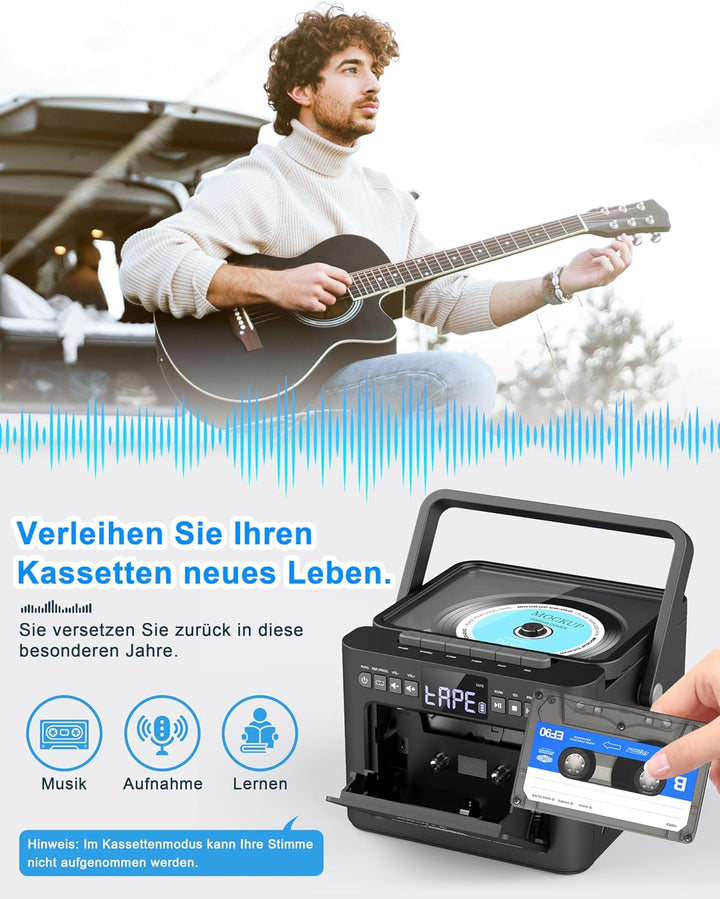 Greadio CD Player Tragbar, Boombox Kassettenspieler mit UKW Radio, Bluetooth 5.1, 5000mAh wiederaufl