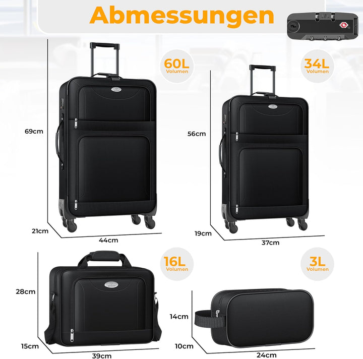 KESSER® Reisekoffer Set 4-teilig | Trolley Kofferset Stoffkoffer mit 3-Ziffern-TSA-Schloss, 360° Rol