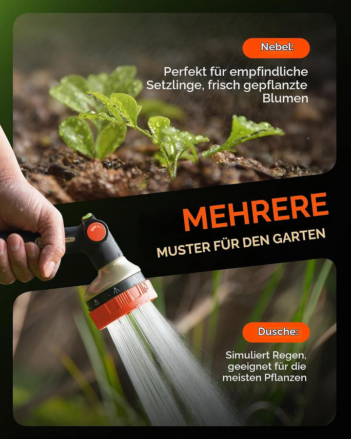 RAINPOINT 8-Funktionen Metall Gartenbrause, Einstellbarer Wasserdurchfluss Garten-Handbrause (Orange