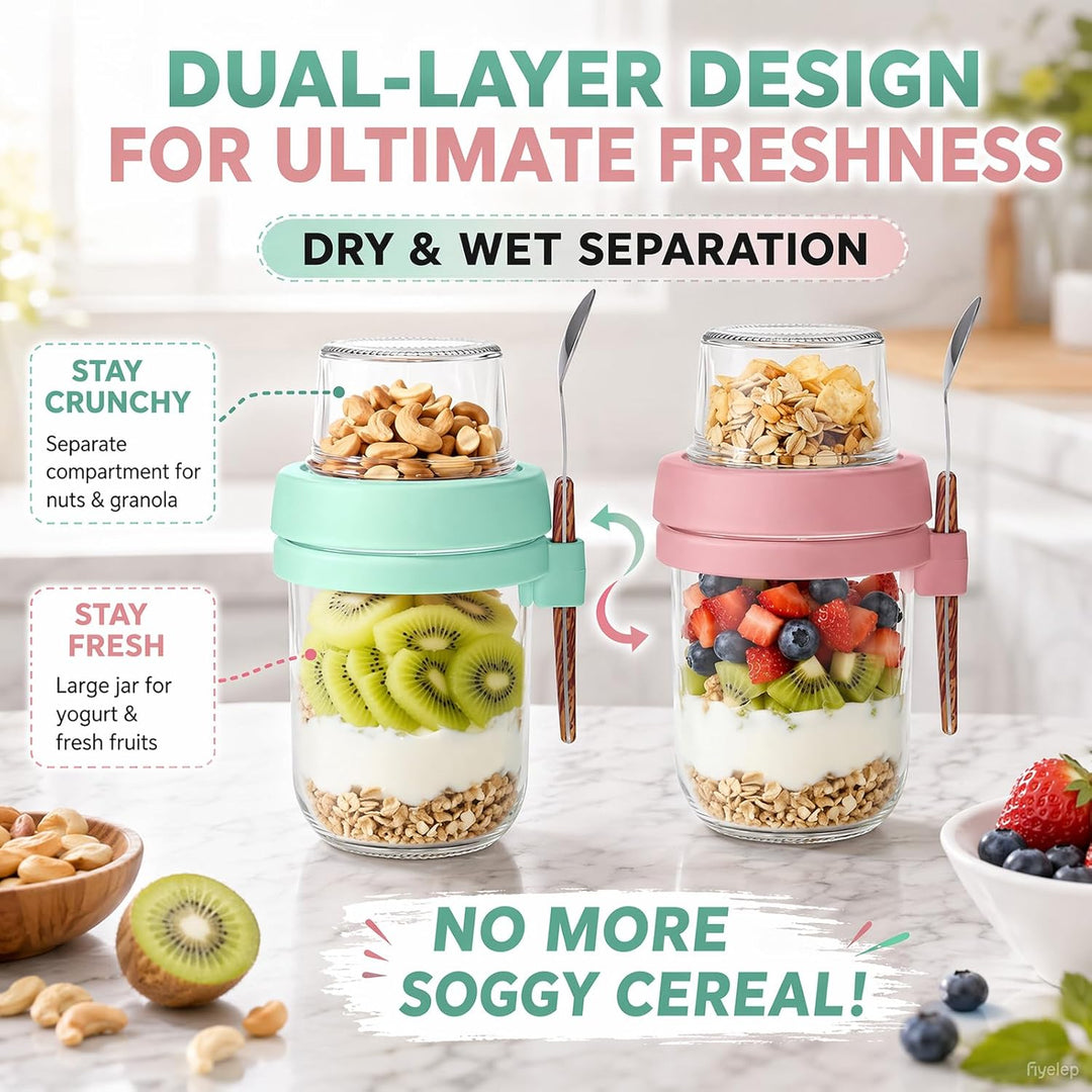 4er Set Müslibecher to Go mit Löffel, 480ml+120ml Overnight Oats Gläser, Joghurtbecher to go mit Dop