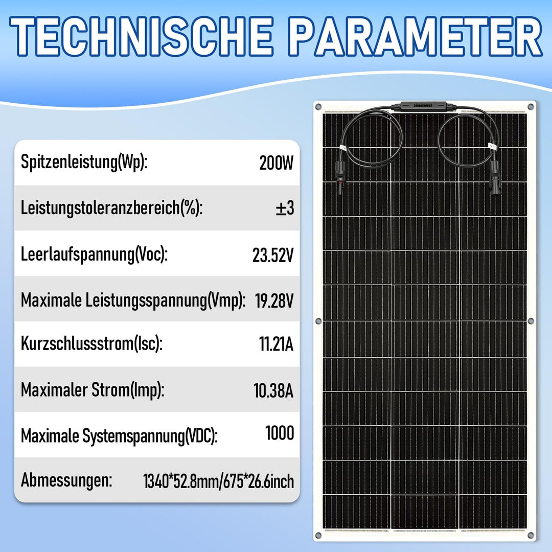 400W Flexibles Solarmodul (2x200W Solarpanel) – Monokristallines Silizium, 24V/12V, Semi-Flexibel |