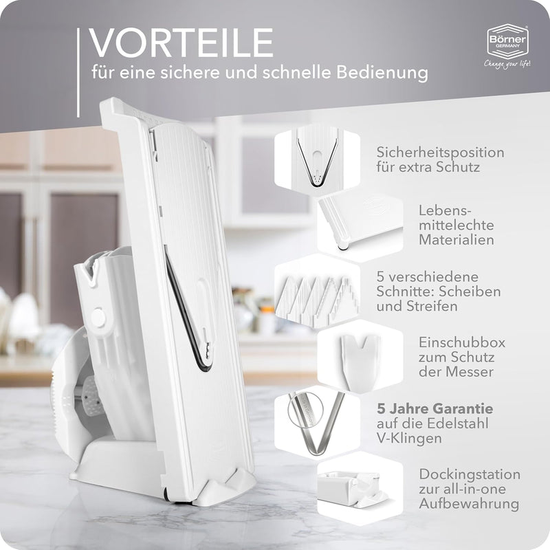 Börner Gemüsehobel V3 TrendLine Profi-Set (8-tlg.) • Gemüsereibe (V-Hobel) + Fruchthalter + Einschüb