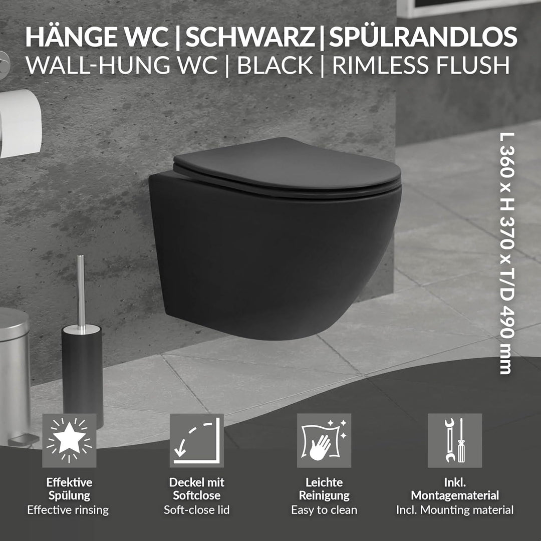 ECD Germany Hänge-WC kurz, spülrandlos, schwarz matt, Wand-WC mit WC-Sitz abnehmbar aus Duroplast So
