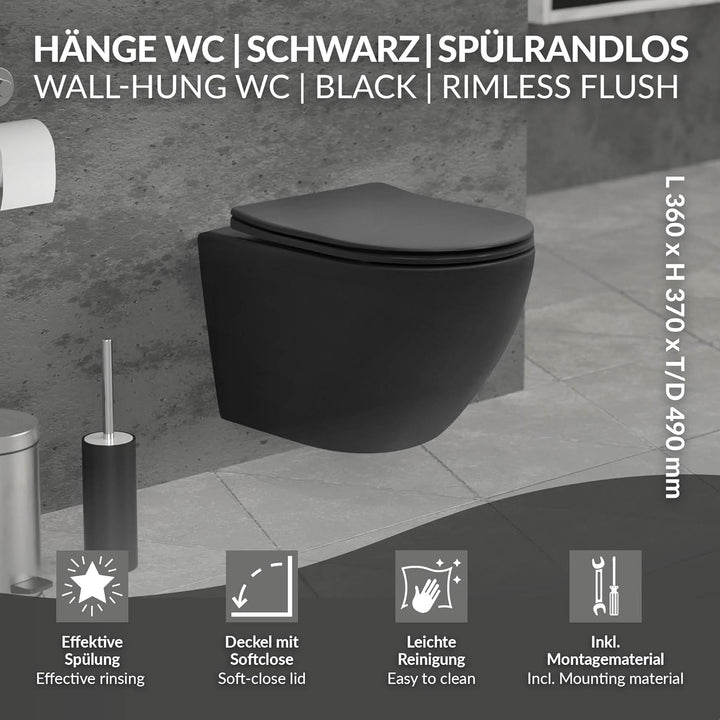 ECD Germany Hänge-WC kurz, spülrandlos, schwarz matt, Wand-WC mit WC-Sitz abnehmbar aus Duroplast So