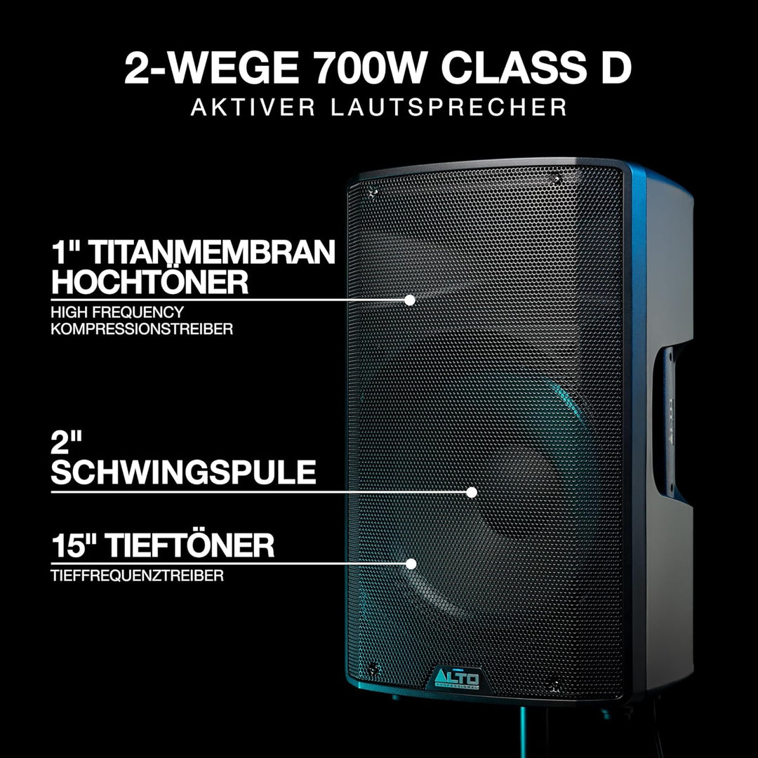 Alto Professional TX315 – 700 Watt 15-Zoll 2-Wege aktiver PA-Lautsprecher mit Signal-Limiting und sc