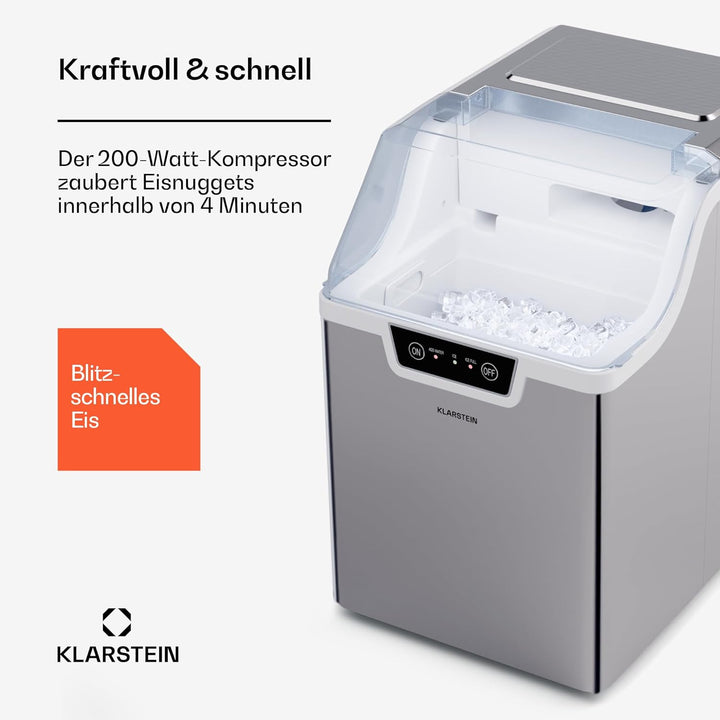 Klarstein Eiswürfelmaschine für Zuhause, Camping & Gastro, 200W Mini-Eiswürfelmaschine Klein, 4 Min