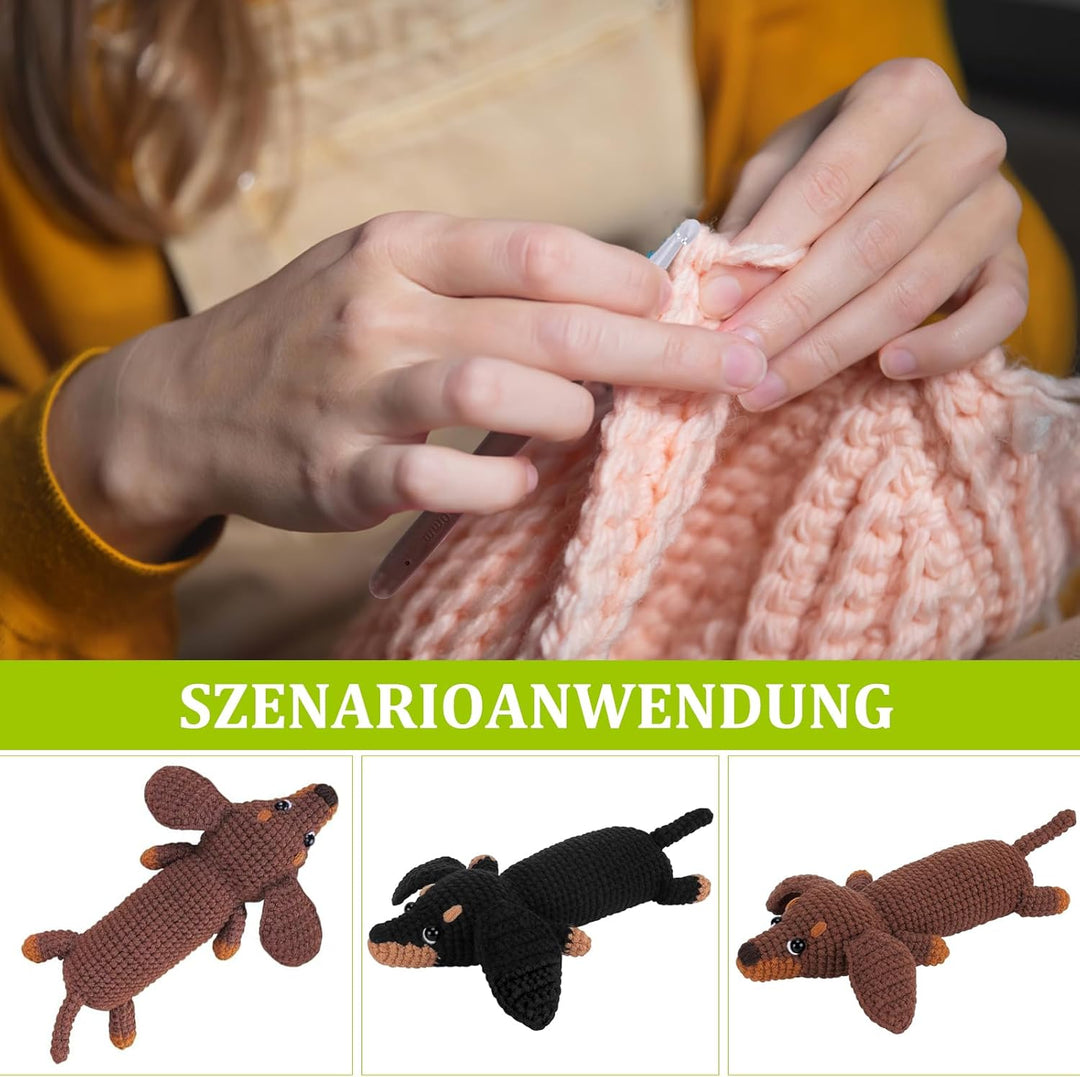 OurLeeme Häkelset für Anfänger, Häkeln Tiere Häkelnadelset Dackel-Starter-Strickset mit Dackelgarn,