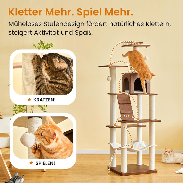 Kratzbaum, 163 cm hoch, moderner Katzenbaum, mehrstöckiges Katzenhaus mit Höhle, 7 Kratzsäulen, 2 Li