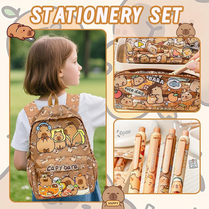 Capybara Rucksack Set, Schulrucksack Grosse Kapazität mit Capybara Federmäppchen, Stiften & Schlüsse