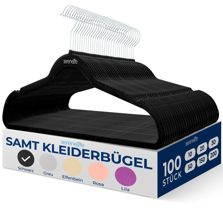 SereneLife 100 Kleiderbügel Schwarz &amp; Rutschfest– Kleiderbügel Samt &amp; Platzsparend mit drehbarem Hak