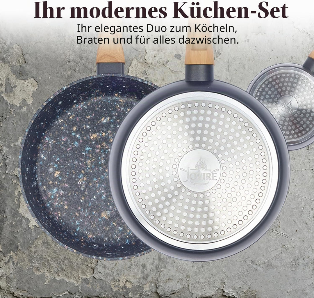 Topf &amp; Pfanne Set grosse Bratpfanne - keramikbeschichteter Aluminiumholzgriff, alle Herdplatten (2,