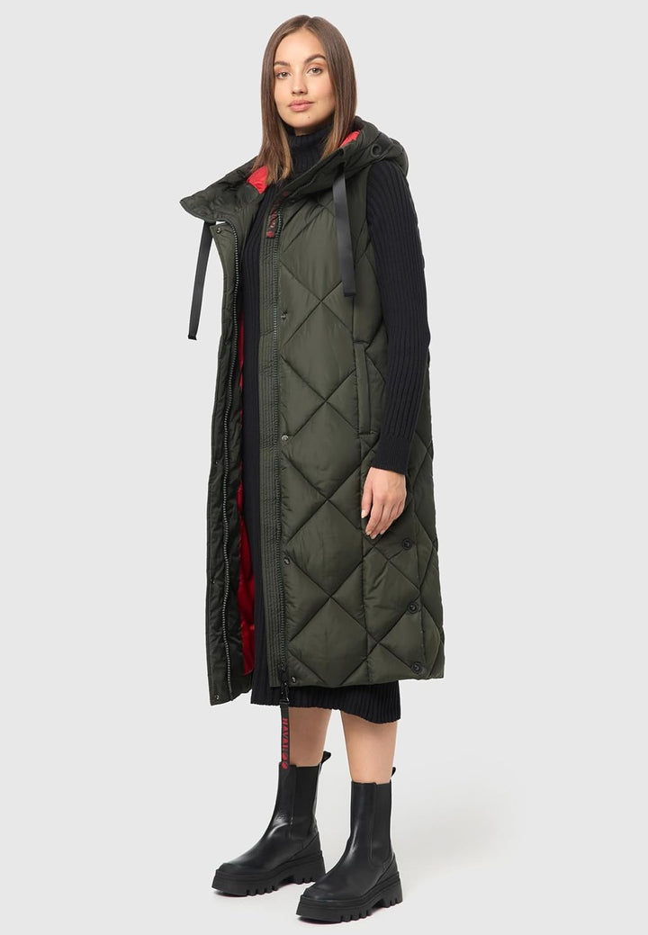 Navahoo warme Damen Winter Steppweste lang mit Kapuze Schnuckel XS-XXL S Dark Olive, S Dark Olive