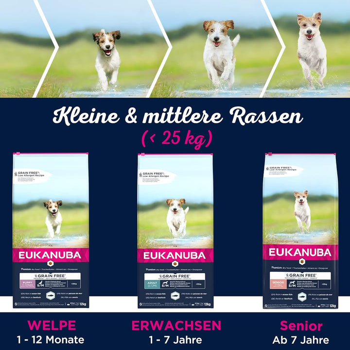 Eukanuba Hundefutter getreidefrei mit Fisch für kleine und mittelgrosse Rassen - Trockenfutter für S