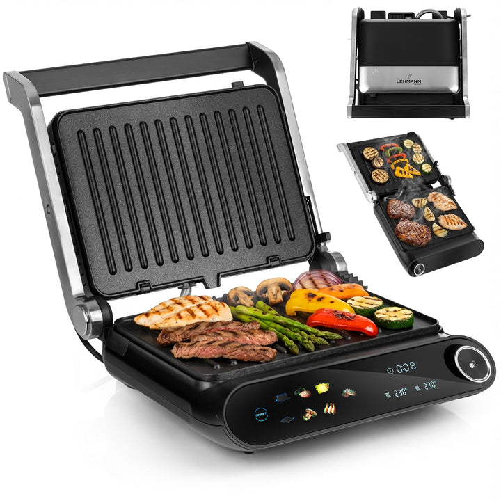 LEHMANN Kontaktgrill, 2200 W, Tischgrill 180° aufklappbar - Grillfläche bis 1320 cm², Abnehmbare Ant