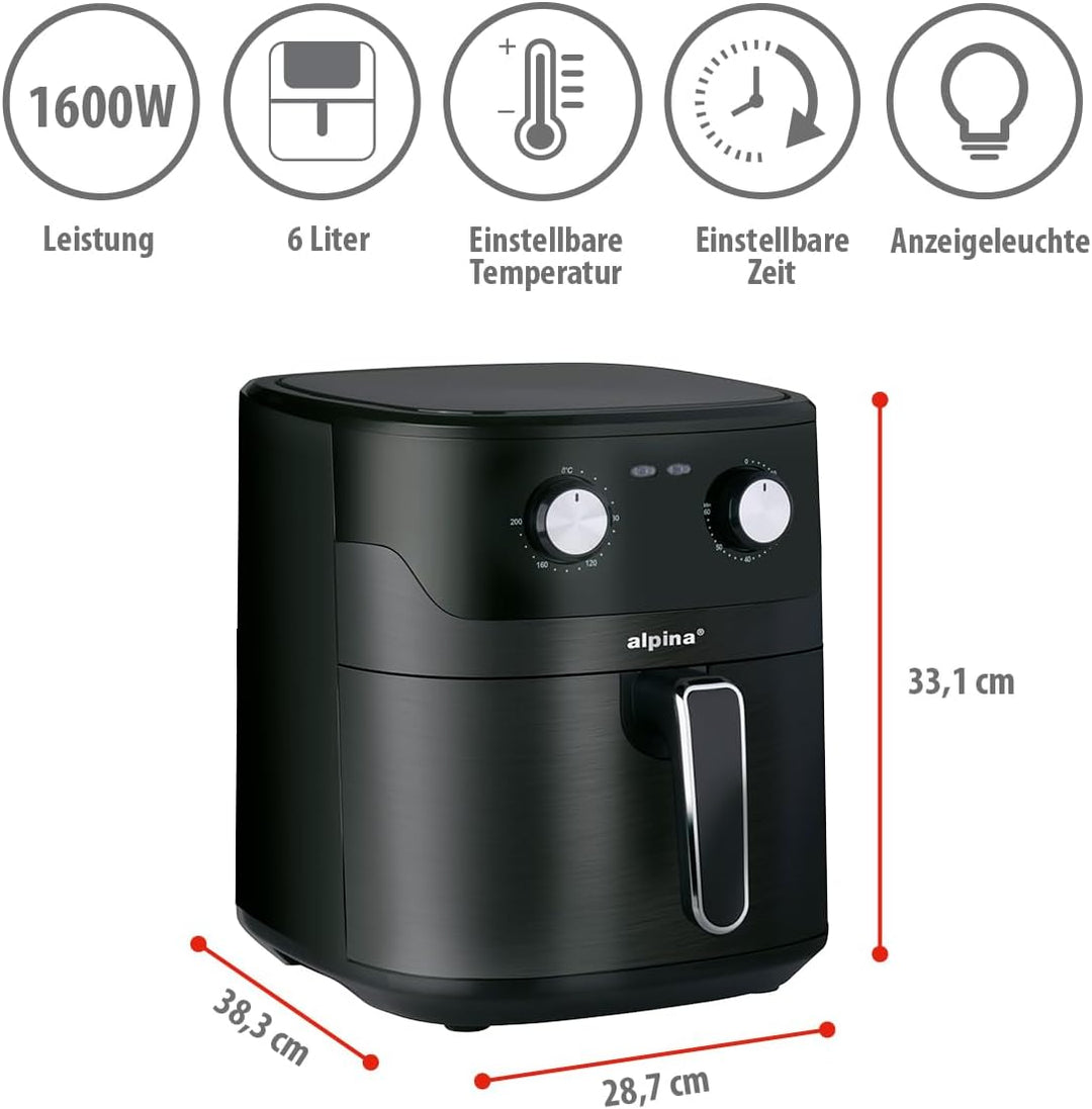 alpina Heissluftfritteuse 6L - Airfryer für 4 bis 6 Personen - Heissluftfritteuse mit Einstellbarer