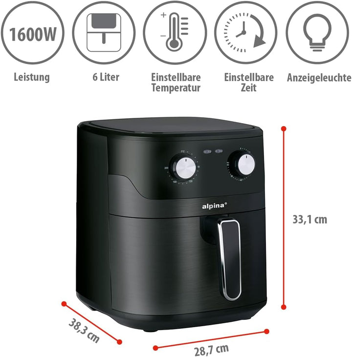 alpina Heissluftfritteuse 6L - Airfryer für 4 bis 6 Personen - Heissluftfritteuse mit Einstellbarer