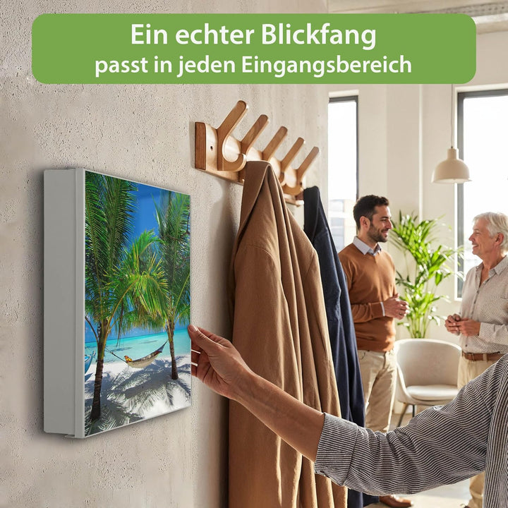 banjado® Grosser Schlüsselkasten Glas/Schlüsselbox 30cm x 30cm mit 50 Haken - Motiv Strand/Schlüssel