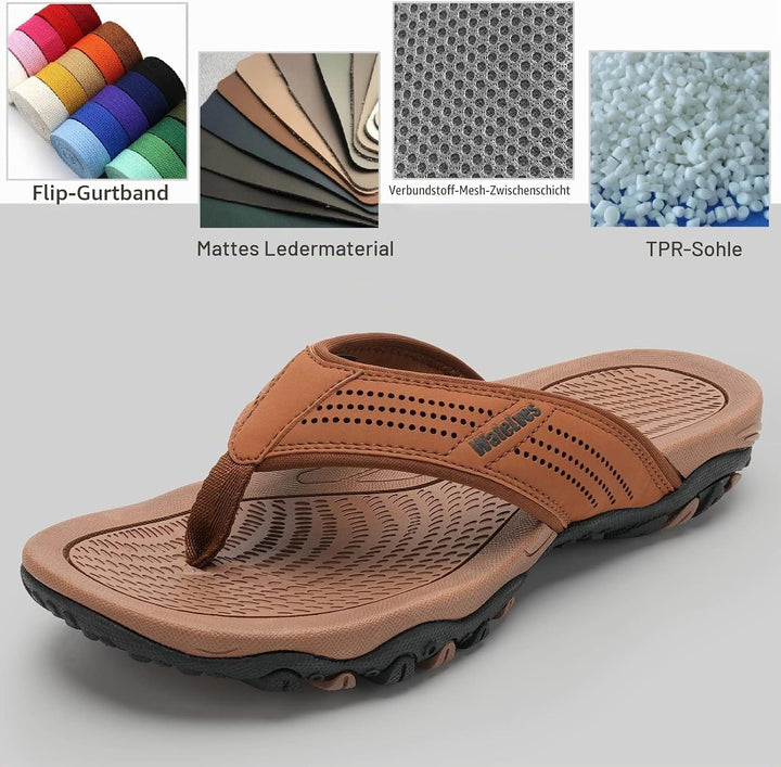 WateLves Herren Flip Flops Zehentrenner Leder mit Arch Support Sandalen Weich Leder Stoff Badelatsch