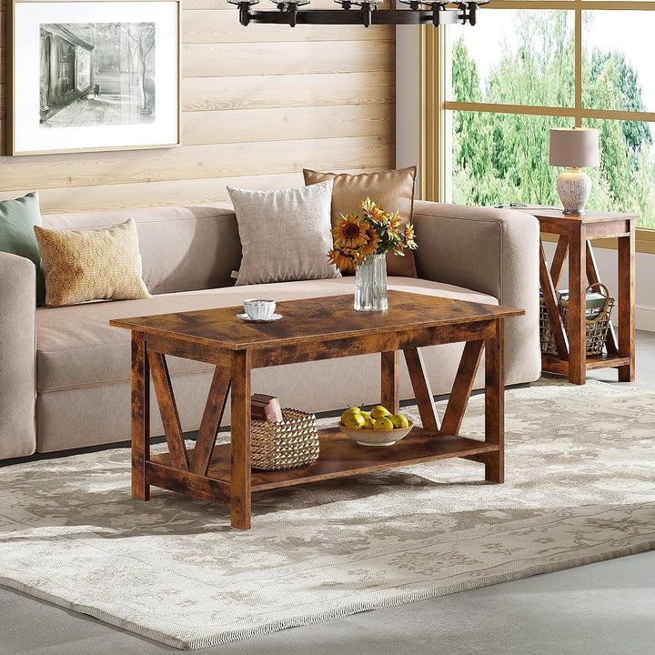 WLIVE Couchtisch Rechteckig, wohnzimmertisch Holz mit offenes Fach, V-Streben, Sofatisch Für Wohnzim