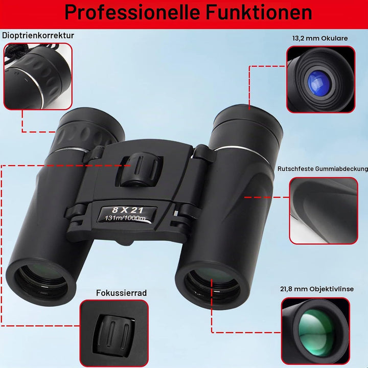 FLYAMAPIRIT Mini Fernglas Teleskop Faltbares 8X21 HD Fernglas mit Smartphone-Adapter, Tragegurt und