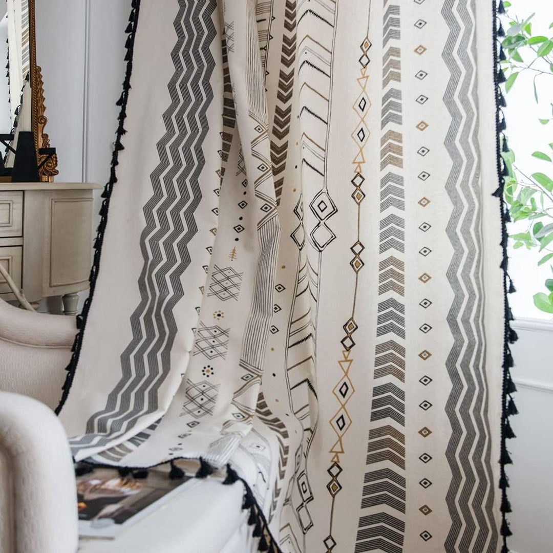 Boho Vintage Gardinen mit Quaste Halbverdunkelungsvorhänge mit Ösen Baumwolle Leinen Dekoschal für W