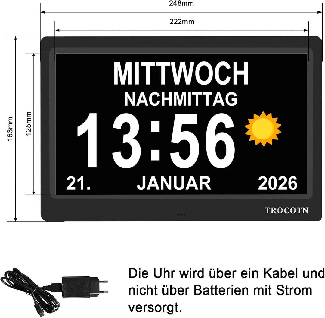 TROCOTN 10 Zoll Digitale Uhr Tagesuhr Grosses Display Wecker Wanduhr (schwarz) 10 Zoll Schwarz, 10 Z