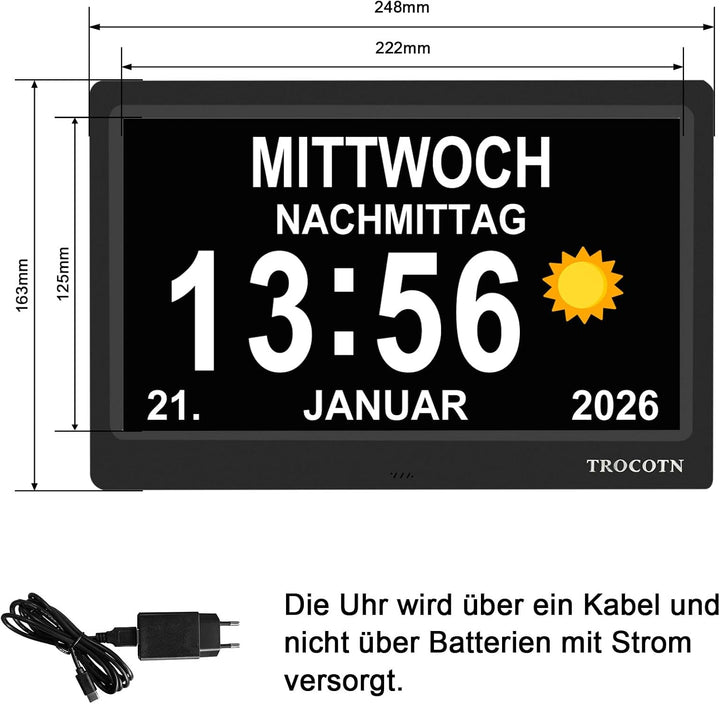 TROCOTN 10 Zoll Digitale Uhr Tagesuhr Grosses Display Wecker Wanduhr (schwarz) 10 Zoll Schwarz, 10 Z