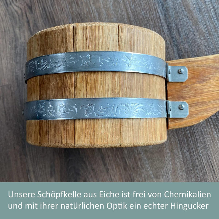 Waldmeister Sauna Set - Eichenholz Aufgusskübel 5L -inkl. 0,5L Sauna Aufgusskelle - 30 x 27 x 27 cm