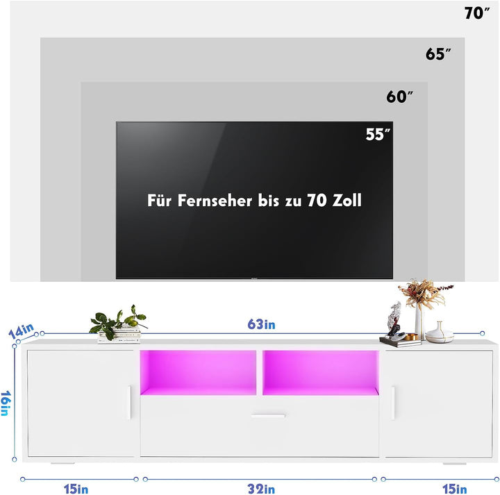 TV-Schrank LED, TV Lowboard mit Grossem Stauraum, Fernsehtisch mit RGB LED-Beleuchtung, TV Board für