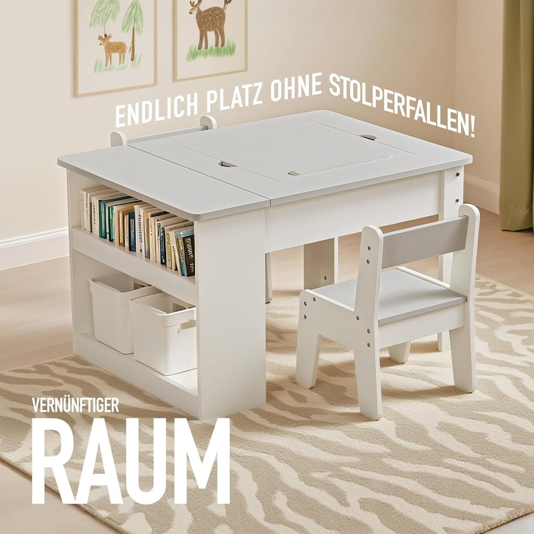 kindertisch mit 2 stühlen,Multifunktion Spielen Malen Lesen, 4 Wechselplatten, verstellbar & kippsic