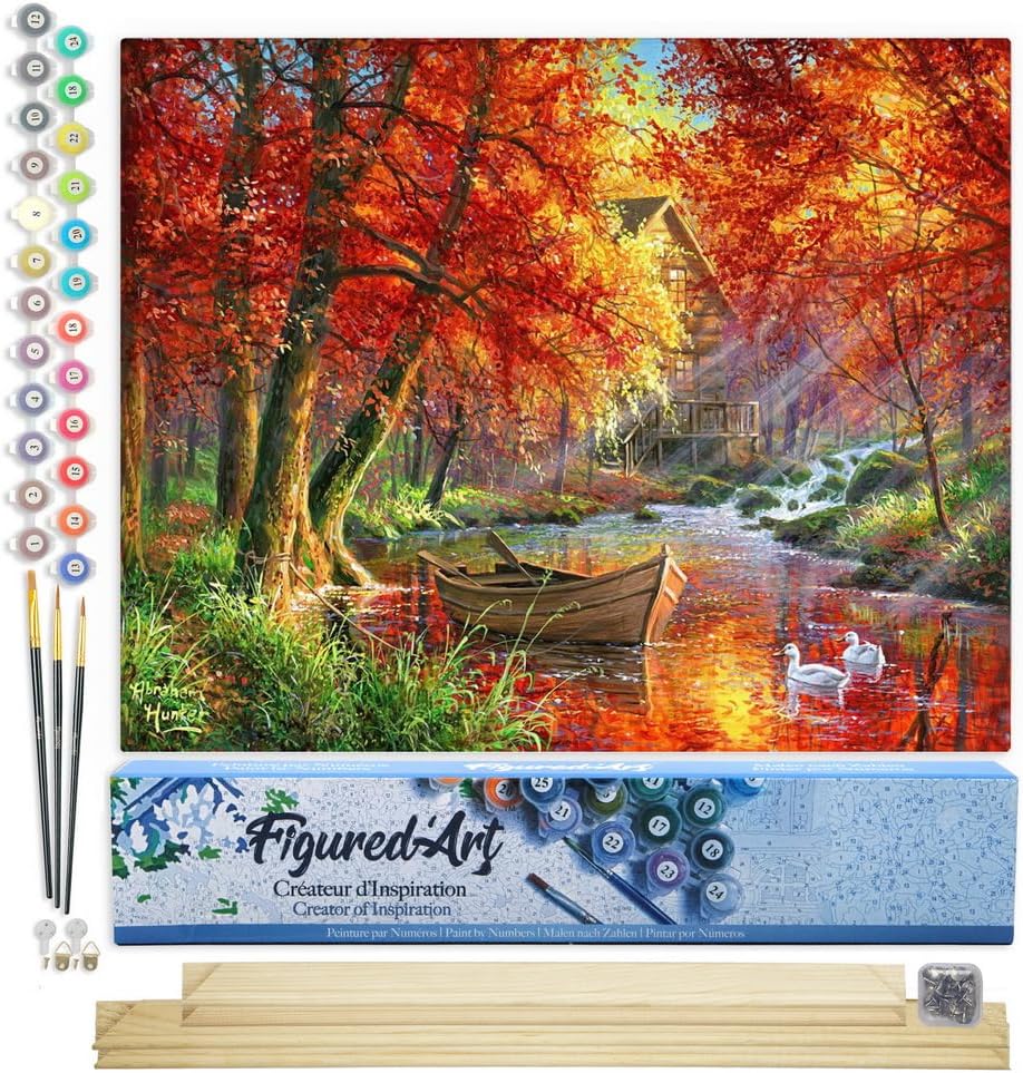 Figured'Art Malen Nach Zahlen Erwachsene Mit Rahmen Boot am Herbstlichen Fluss - Paint by Numbers Ba