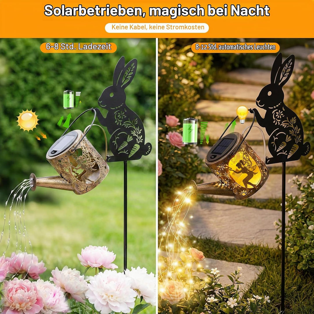 Solargiesskanne-Licht mit Hasen-Silhouette-Stecker &amp; Feendesign – Kaskaden-LED-Lichterkette für Gart