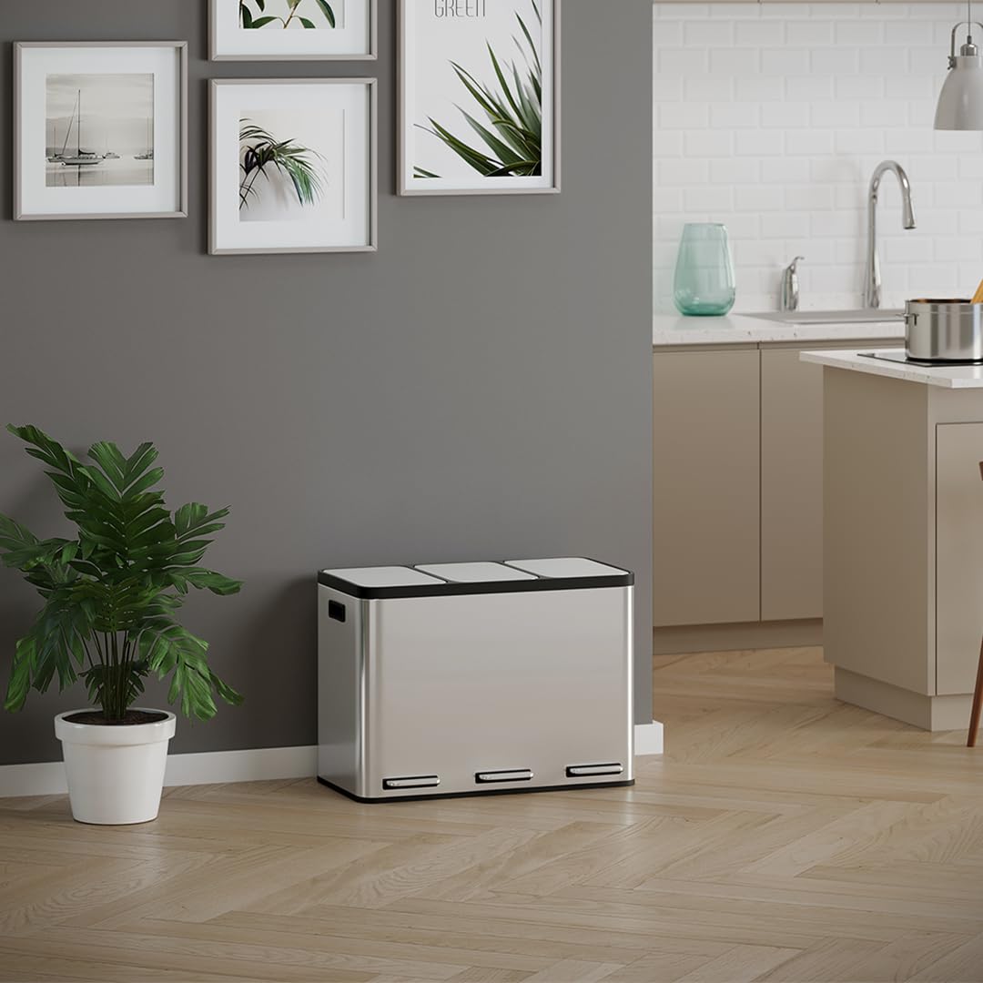 STEELSØN Epsilon Mülleimer 3 Fächer – Mülltrennsystem Küche 3x15L aus Edelstahl Silber – Tretmülleim