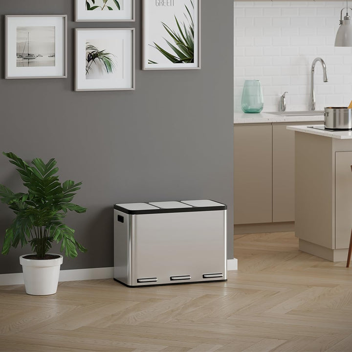 STEELSØN Epsilon Mülleimer 3 Fächer – Mülltrennsystem Küche 3x15L aus Edelstahl Silber – Tretmülleim