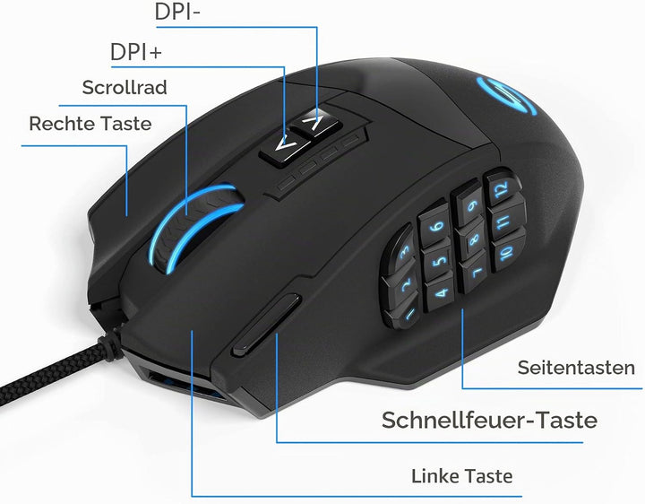 UtechSmart Venus Gaming Maus 16400 DPI USB Laser MMO Gaming Mouse, 18 programmierbare Tasten,16400 D