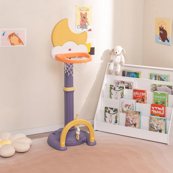 HOMASIS 4 in 1 Kinder Basketballkorb Set, multifunktional Basketballständer mit Fussballtor & Golf &