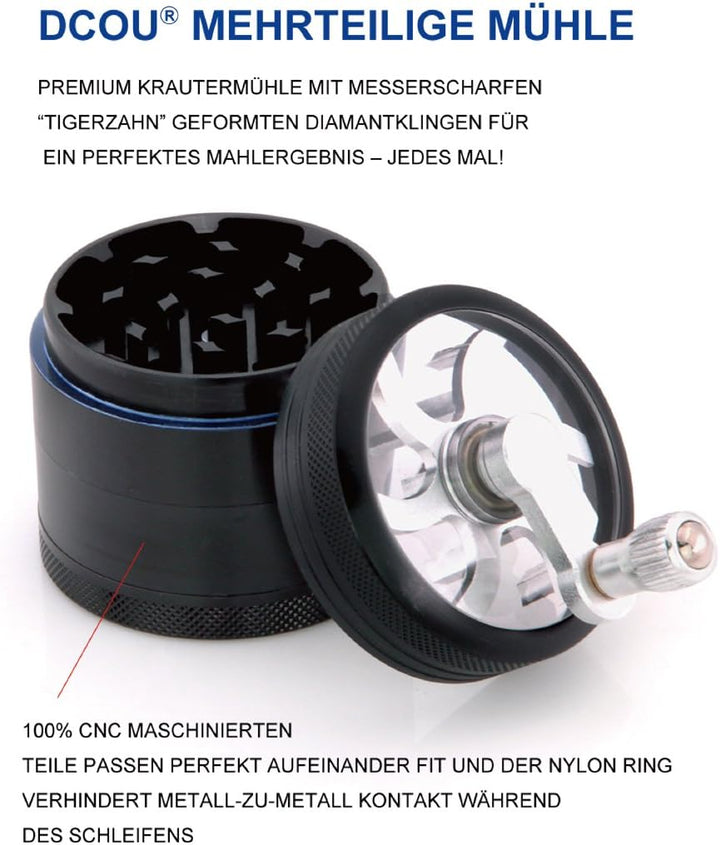 DCOU Handkurbel Premium Mühle unzerbrechlich CNC Aluminium Metall Mahler Schleifer 4 Teile Ø55mm Sch