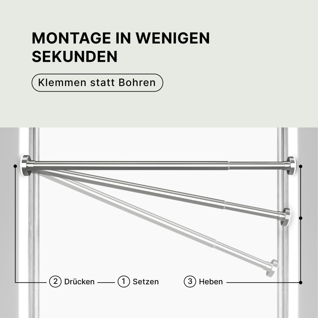 MEISENBERG Gardinenstange zum Klemmen 110-200cm, Silber, Ø 25 mm, Duschstange ohne Bohren - Vorhangs