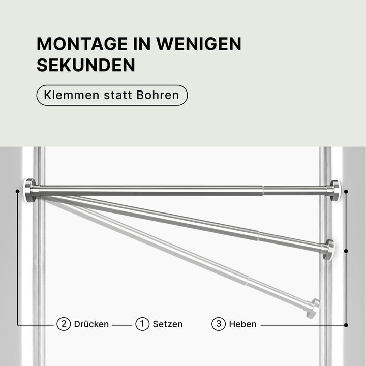 MEISENBERG Gardinenstange zum Klemmen 110-200cm, Silber, Ø 25 mm, Duschstange ohne Bohren - Vorhangs