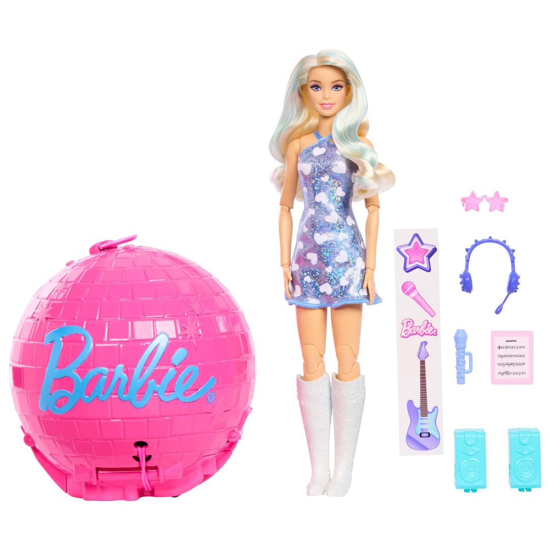 Barbie Team Roll & Reveal Popstar-Puppe und Zubehörteile mit Blonder Modepuppe, 8 Überraschungen und