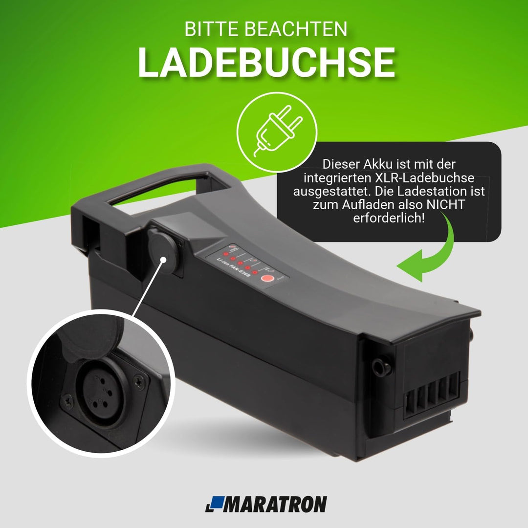Maratron E-Bike Akku 36V 14,5Ah (520Wh) mit XLR-Buchse für Impulse, DerbyCycle, Raleigh, Kalkhoff Ga