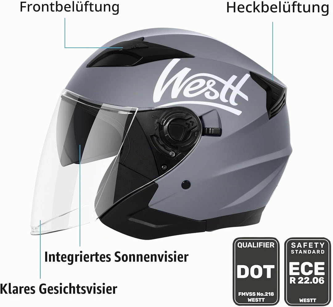 Westt Jethelm mit Visier &amp; Sonnenblende Motorradhelm Herren Damen Rollerhelm Mopedhelm Mofa Chopper