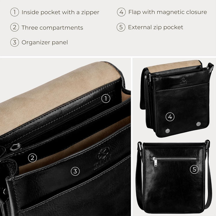 Time Resistance Schultertasche aus Leder Herren - Messenger Bags - Umhängetasche Herren - Elegante L