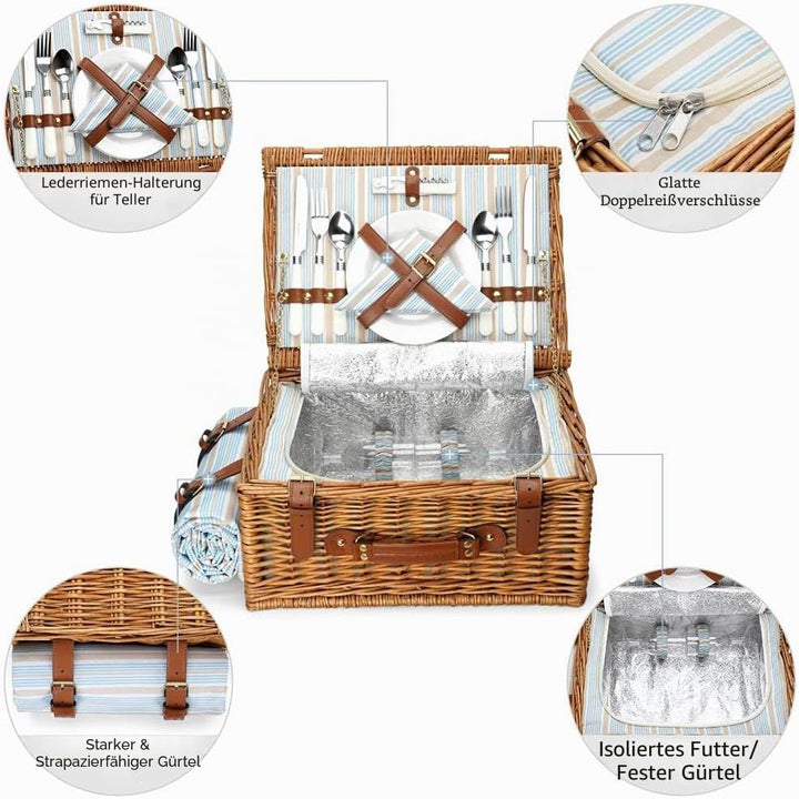 Picknickkorb Set für 2 Personen, Weidenkorb mit grossem isoliertem Kühlfach, wasserdichter Decke und