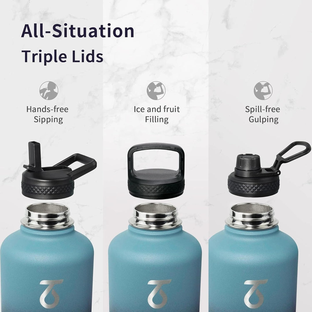 Thermosflasche mit Strohhalm 2L, Trebo Trinkflasche Edelstahl mit Paracord-Griff & 3 Deckeln, Edelst