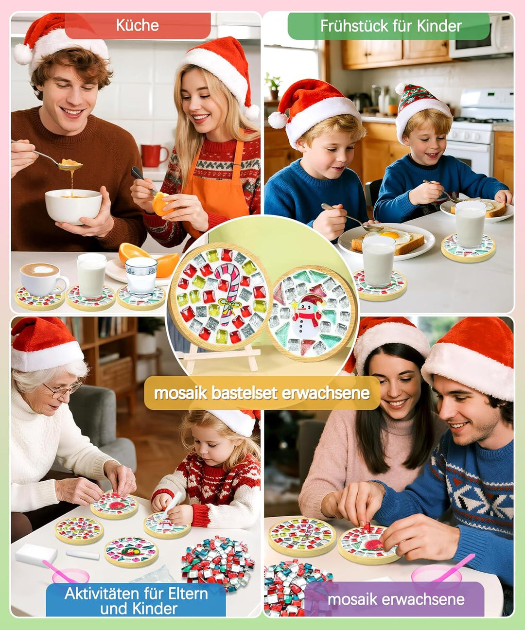 Finsink Mosaik bastelset kinder 4pcs Weihnachten Mosaik Untersetzer Bastelset DIY Holz Untersetzer S