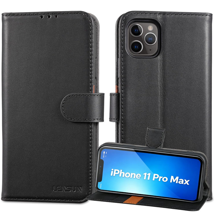 LENSUN Echtleder Hülle für iPhone 11 Pro Max, Handyhülle Flip Cover [Echtes Leder][Kartenfach][RFID